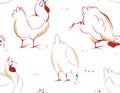 Watercolor hand drawn seamless pattern with illustration of chicken, hen and rooster pecking grains. Elements isolated