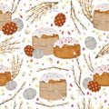 Watercolor hand drawn seamless pattern with illustration of Easter cakes, icing-sugar, colored eggs, pussy-willow twigs