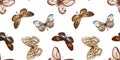 Watercolor hand drawn seamless pattern with illustration of exotic butterflies, moths isolated on white background. Set Royalty Free Stock Photo