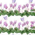 Watercolor hand drawn seamless pattern illustration of pink violet purple cyclamen wild flowers. Forest wood woodland Royalty Free Stock Photo