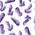 Watercolor hand drawn seamless pattern illustration set of violet purple lavender gemstone cystals percious semiprecious Royalty Free Stock Photo