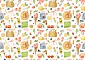 Watercolor hand-drawn seamless pattern on summer theme isolated on white background. Straw hat, bouquet, basket, bows Royalty Free Stock Photo