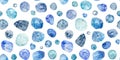 Watercolor hand drawn seamless pattern with the image of blue stones on a white background. Pebbles and cobblestones. Royalty Free Stock Photo