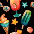 Watercolor hand drawn seamless pattern including cocktail with tube, ice cream, ice lolly, sunglasses, peach, orange and turquoise Royalty Free Stock Photo