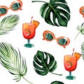 Watercolor hand drawn seamless pattern including cocktail with tube, orange vintage sunglasses, leaves of palm and monstera.