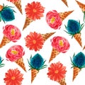 Watercolor hand drawn seamless pattern including orange gerbera, feverweed and peony flowers in waffle cones on white background