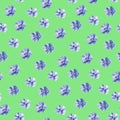 Watercolor hand drawn seamless pattern with linen flowers on light green background.