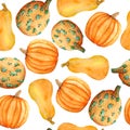 Watercolor hand drawn seamless pattern with orange pumpkins, organic farmers healthy food ingridient. Halloween