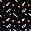 Watercolor hand drawn seamless pattern with outer space elements rocket, stars, planets, meteors , satellite etc. isolated on bl