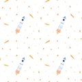 Watercolor hand drawn seamless pattern with outer space objects space ships, rocket, stars, comets etc in blue and yellow colors