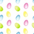 Watercolor hand drawn seamless pattern with pastel multi colored easter eggs isolated on white background.