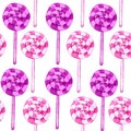 Watercolor hand drawn seamless pattern with pastel pink lollipop candies sweets had sugar cotton candy caramel. Sweet Royalty Free Stock Photo