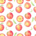 Watercolor hand drawn seamless pattern with peaches perfect summer fruit and leaves