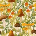 watercolor hand drawn seamless pattern poisonous dangerous wild mushroom. illustration of webcap fungi with brown ochre