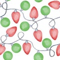 Watercolor hand drawn seamless pattern with red green Christmas lights electric bulbs, decoration hangings garland Royalty Free Stock Photo