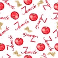 Watercolor hand drawn seamless pattern with red tomato and lettering on the white background.