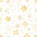 Watercolor hand drawn seamless pattern with shiny gold Christmas decoration winter starry sky, glitter, outline yellow