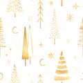 Watercolor hand drawn seamless pattern with shiny gold decoration winter starry sky, moon, glitter, outline Christmas Royalty Free Stock Photo