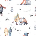 Watercolor hand drawn seamless pattern. Snowy walk in the forest landscape with walking people in the park, snowman