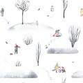 Watercolor hand drawn seamless pattern. Snowy walk in the forest landscape with walking people in the park, trees