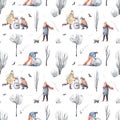 Watercolor hand drawn seamless pattern. Snowy walk in the forest landscape with walking people in the park, trees