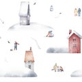 Watercolor hand drawn seamless pattern. Snowy walk in the winter forest landscape with red houses, village, walking Royalty Free Stock Photo