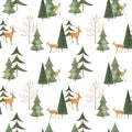 Watercolor hand drawn seamless pattern with spotted deers family in  coniferous forest isolated on white background. Royalty Free Stock Photo