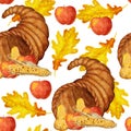 Watercolor hand drawn seamless pattern with Thanksgiving cornucopia basket horn, fruits apples pears corn oak leaves