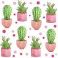 Watercolor hand drawn seamless pattern of tropical mexican cactus cacti succulents. Green natural house plants in pots Royalty Free Stock Photo