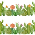 Watercolor hand drawn seamless pattern of tropical mexican cactus cacti succulents. Green natural house plants in pots Royalty Free Stock Photo