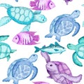 Watercolor hand drawn seamless pattern with underwater marine nautical animals shells fish. Purple blue seahorse seaweed Royalty Free Stock Photo