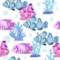 Watercolor hand drawn seamless pattern with underwater marine nautical animals shells fish. Purple blue seahorse seaweed