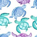 Watercolor hand drawn seamless pattern with underwater marine nautical animals shells fish. Purple blue seahorse seaweed