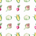 Watercolor hand drawn seamless pattern with vegetables. Fresh Food repeat paper. Cauliflower, Maze and beetroot, artichoke textile Royalty Free Stock Photo