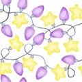 Watercolor hand drawn seamless pattern with yellow purple violet Christmas lights electric bulbs, decoration hangings Royalty Free Stock Photo