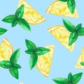 Watercolor hand drawn seamless pattern with yellow sour ripe lemon half slices and mint leaves.Summer