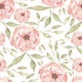 Watercolor hand drawn  seamless peony garden with leaves branch pattern in soft neutral colors. Beautiful girly floral roses Royalty Free Stock Photo