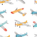 Watercolor cute hand-drawn seamless repeating children simple pattern with aircraft in Scandinavian style on a white