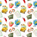 Watercolor hand drawn seamless of school items. Back to school pattern. Globe, school bus apple glasses pencil, notebook