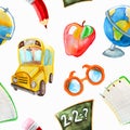 Watercolor hand drawn seamless of school items. Back to school pattern. Globe, school bus, apple, glasses, pencil