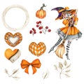 Watercolor hand drawn set of autumn pumpkin, hearts and witch. Hand drawn illustration of autumn. Halloween illustration for Royalty Free Stock Photo