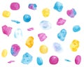 Watercolor hand drawn set with bright crystals and gems in blue, pink and yellow colors