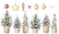 Watercolor hand drawn set with Christmas tree decorated with balls, lights, icicles. New Year tree in the wicker basket Royalty Free Stock Photo