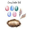 Watercolor hand drawn set of colorful Easter eggs, feathers and nest. You can create your own composition of traditional Easter