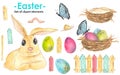 A watercolor hand-drawn set of colorful Easter eggs, a nest, a butterfly rabbit, a colorful fence, a snail and a worm. Royalty Free Stock Photo