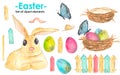 A watercolor hand-drawn set of colorful Easter eggs, a nest, a butterfly rabbit, a colorful fence, a snail and a worm. Royalty Free Stock Photo