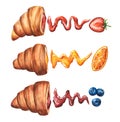 Watercolor hand drawn set of half croissants with strawberry, orange, blueberry jam filling