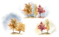 Watercolor hand drawn set with illustration of autumn colorful deciduous trees isolated on white background