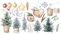 Watercolor hand drawn set. New Year tree, wicker basket. Christmas tree decorated with balls, lights, decorative twigs Royalty Free Stock Photo