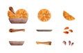 Watercolor hand drawn set of objects. Coffee drops, orange slices, juice drops, cinnamon sticks spice. Isolated on white